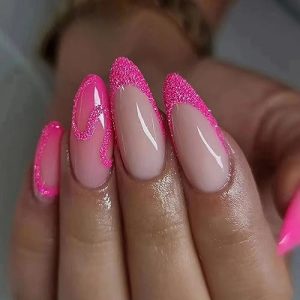 MISUD Medium Almond Press on Nails Stiletto Fake Nails Glossy Glue on Nails Hot Pink Gradient Acrylic Nails French Tip Arificial Nails Bling Glitter False Nails with Design 24 pcs