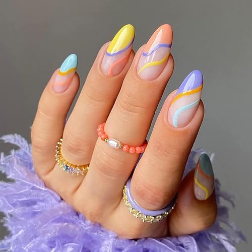 Colorful Tips Press on Nails Medium Almond Fake Nails with Designs French Swirl Dopamine Style Nude Full Cover Acrylic Artificial Spring Oval False Nails Summer Glue on Nails for Women and Girls 24Pcs