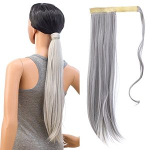 SWACC Women Long Straight/Curly Wavy Wrap Around Ponytail Extension Synthetic Hair Piece Clip in Hair extensions (Straight, Silver Gray)