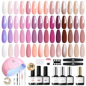 Modelones 45PCS Gel Nail Polish Kit with U V Light 28 Colors Valentine's Day Gift Pink Nude Purple Glitter Gel Nail Polish Set/48W Nail Dryer/Glossy & Matte Base Top Coat/Nail Primer/Manicure Tool DIY