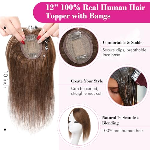 REECHO 10 Inch Brown Real Human Hair Topper for Women Clip-In Extensions with Bangs - Image 3