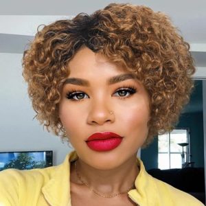 WIGER Ombre Blonde Glueless Side Part Kinky Curly Human Hair Wig Short Curly Human Hair Wigs for Black Women Natural Hairline Pixie Curly Bob Wig None Lace Frontal Deep Curly Hair