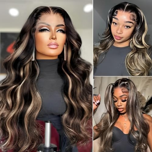 UNICE 16 Inch Body Wave Glueless Lace Front Wig Human Hair Balayage Black Blonde Highlights 150% Density - Image 2