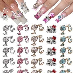 Kawaii Nail Charms 25Pcs Girl & Kitty Nail Charms for Acrylic Nails Y2K 3D Nail Rhinestones Gems Silver Diamond Nail Jewelry DIY Nail Art Decoration Supplies for Girls and Women