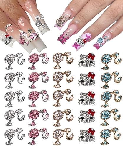 Kawaii Nail Charms 25Pcs Girl & Kitty Nail Charms for Acrylic Nails Y2K 3D Nail Rhinestones Gems Silver Diamond Nail Jewelry DIY Nail Art Decoration Supplies for Girls and Women
