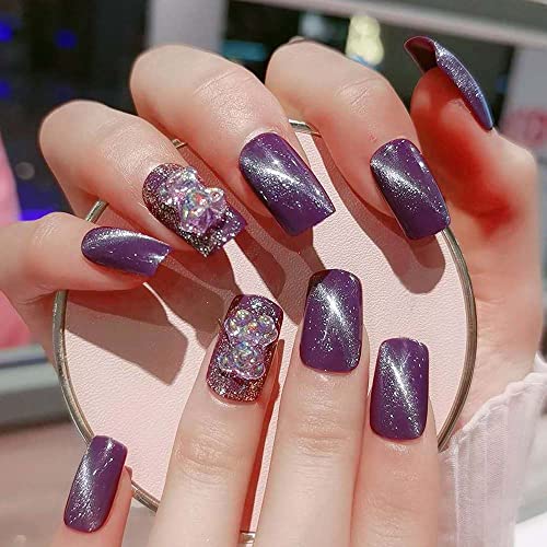 Short Purple Coffin Acrylic Nails for Stylish Trendy Nail Art Designs 24 Count