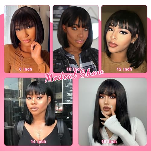 10 Inch Light Yaki Bob Wigs for Black Women Wear And Go Glueless Wig Short Straight Blunt Cut Bob Wig With Bangs 180% Density Natural Hairline Synthetic Bangs Wig for Daily Party Use(Black) - Image 6