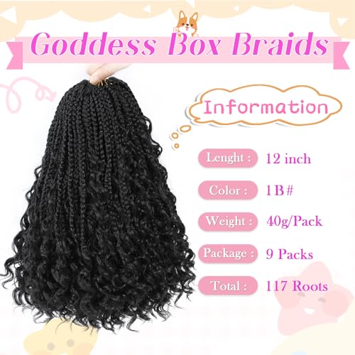 Goddess Box Braids Crochet Hair 12 Inch, 9 Packs Bohomian Box Braids Crochet Hair for Black Women, Pre-Looped Crochet Braids with Curly Ends (12 Inch (Pack of 9), 1B) - Image 2