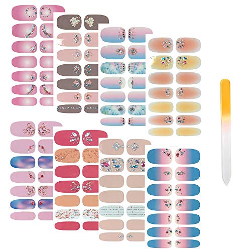 SIUSIO 112pcs 8 Sheets Full Nail Wraps Stick on Gel Nail Polish Strips Stickers Elegant Gradient Glitter Nail Adhesive DIY Nail Art Sticker with 1PCS Crystal Glass Nail Files for Women Girls