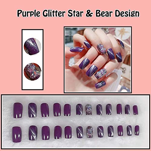 Short Purple Coffin Acrylic Nails for Stylish Trendy Nail Art Designs 24 Count - Image 2