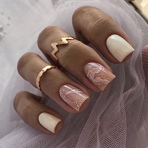 Press on Nails Short Square MABKJLF White Fake Nails Marble Full Cover False Nails with Gold Line Designs Glossy Glue on Nails Stick on Nails Artificial Acrylic Nails for Women Girls 24 Pcs
