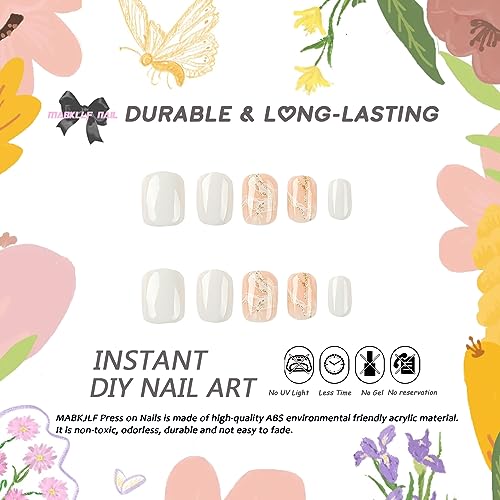 Press on Nails Short Square MABKJLF White Fake Nails Marble Full Cover False Nails with Gold Line Designs Glossy Glue on Nails Stick on Nails Artificial Acrylic Nails for Women Girls 24 Pcs - Image 2