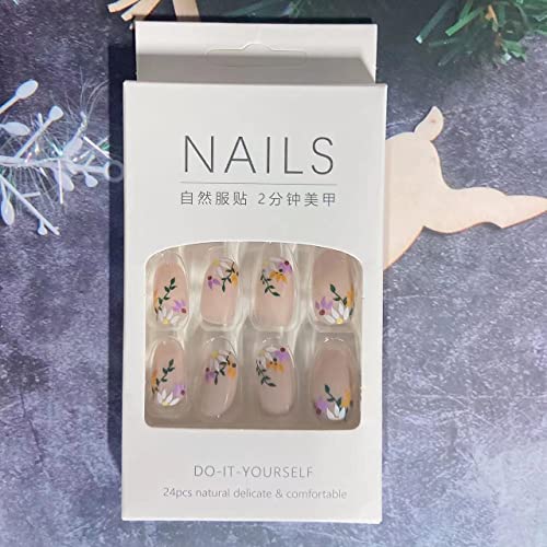 Spring Flowers Press on Nails - Medium Square,Purple White Flowers Fake Nails Glue on Nails,Natural Full Cover Stick on Nails False Nails Acrylic Nails Artificial Nails for Women 24Pcs/Set - Image 4