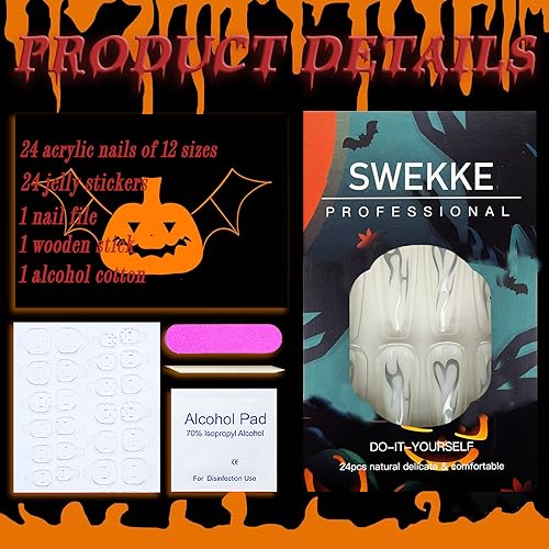 Halloween Press on Nails Long Stiletto SWEKKE Fake Nails White Full Cover Sliver Swirl False Nails with Designs Glossy Glue on Nails Y2K Press on Nails Manicure Artificial Nails for Women Girls 24Pcs - Image 2