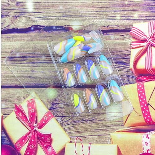 Colorful Tips Press on Nails Medium Almond Fake Nails with Designs French Swirl Dopamine Style Nude Full Cover Acrylic Artificial Spring Oval False Nails Summer Glue on Nails for Women and Girls 24Pcs - Image 2