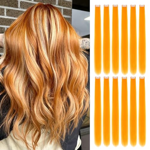 12 PCS Colored Bright Yellow Hair Extensions Clip in Hair Extensions Colorful 24 Inch Straight Synthetic Hairpiece Colored Hair Extensions for Kids Girls Women Party Highlights