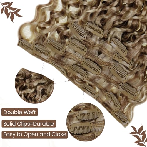 Hetto Curly Clip in Hair Extensions Human Hair #P12/613 Blonde Highlighted Clip in Extensions Human Hair Water Wavy Hair Extensions Clip in Human Hair 16 Inch 7Pcs 105g - Image 4