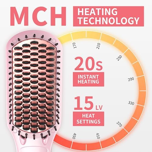 Ionic Hair Straightener & Curling Brush, Heated Flat Iron Brush, AmoVee Thermal Hair Straightener Brush, MCH 20s Fast Heating up, 15 Adjustable Temp 170℉-450℉, Auto Temp Lock, Dual Voltage - Image 4