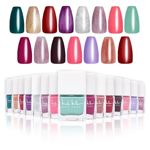 Nicole Miller New York Water-based, Easy Peel Off & Long-lasting Ultimate Nail Polish Set – 15 MINI Nail Polish Vibrant, Colorful, Trendy, and Glossy Shades Colors