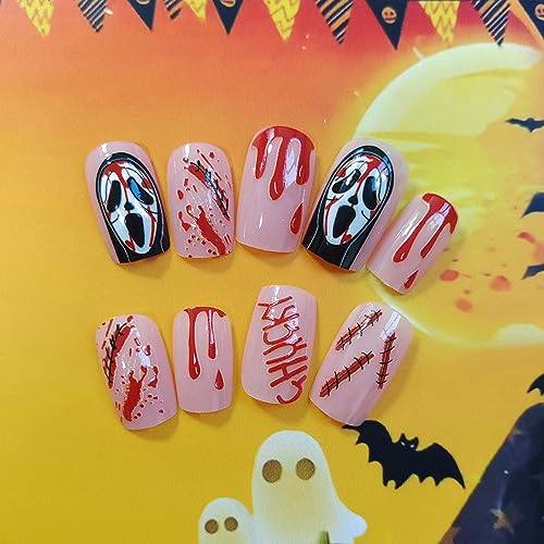 Halloween Press on Nails Square Medium Fake Nails, 24Pcs Black Ghost Bloody Wound Horror False Nails with Design Full Cover Square Shaped Almond Acrylic Glue on Nails for Women Halloween Nail Art - Image 4