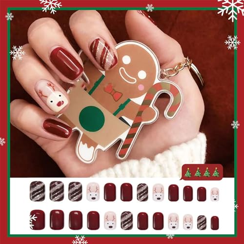 Christmas Press on Nails Short Square Fake Nails Cute Elk Design Glue on Nails Stripe Line Full Cover Coffin False Nails Glossy Wine Red Winter Xmas Acrylic Nails for Women Manicure Decorations 24pcs - Image 2