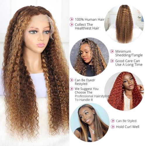 Highlight Lace Front Wig 13x6 Water Wave Lace Front Wigs Human Hair Pre Plucked 180% Density Honey Blonde HD Lace Front Wig For Women Wet And Wavy 4/27 Ombre Curly Lace Frontal Wig 26 Inch - Image 8