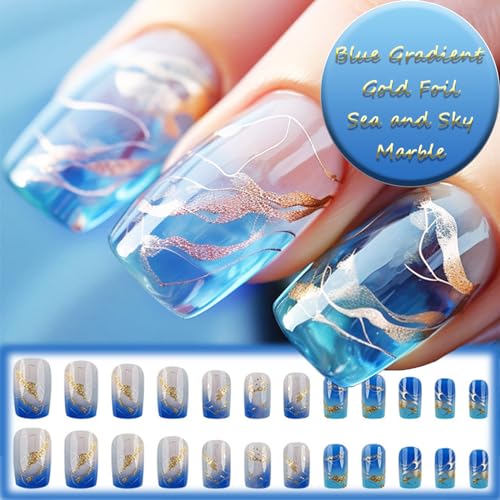 24 Piece Blue Gradient French Tip Press On Nails Sea Marble Glossy Gold Glitter Ombre Curve Acrylic - Image 4