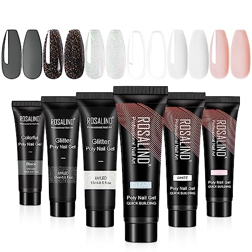 ROSALIND Glitter Poly Nails Gel Set, 6 Colors Nail Extensions Gel Clear White Soft Pink Glitter Series Nail Enhancement Gel, 15ML Poly Nail Gel Colors for Nails Art Beginner DIY at Home