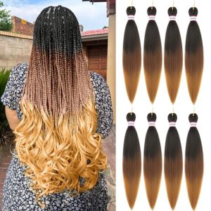 26 Inch Ombre Braiding Hair Pre Stretched 8 Packs Brown Braiding Hair For Women Knotless Box Braids Hair Extension Yaki Texture Hot Water Setting Prestretched Braiding Hair(26" 1B/30/27)