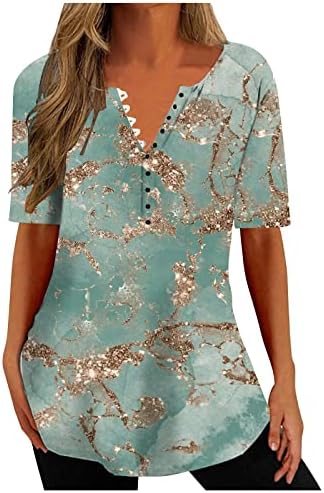 Women's Spring Summer Tops 2024 Short Sleeve V Neck Blouses Graphic Printed Tees Trendy Casual Tops Button Up Shirts