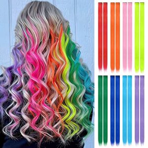 FESHFEN Colored Hair Extensions, 16 PCS 8 Colors Rainbow Hairpieces for Women Highlight Colorful Straight Clip in Hair Extensions Daily Party Costumes Hair Pieces for Girls Dolls, 22 inch