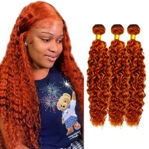 26 28 30 Inch Brazilian Remy Ginger Water Wave Human Hair Bundles - 3 Orange Pieces