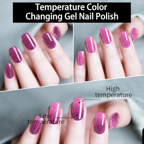 16ml Color Changing Gel Nail Polish, Glitter Gradient Temperature Changing Nail Gel, Diamond Shining Opal Mood Nail Polish Change Colors Soak off UV Light for Nail Art(Pink) - Image 2