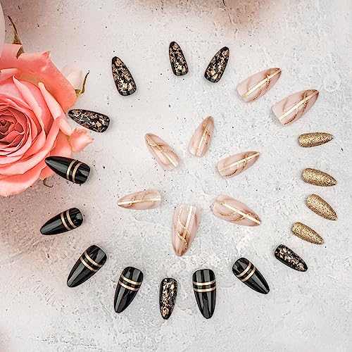 Glossy Medium Black Almond Press On Nails with Gold Swirls 24 Piece Set - Image 5