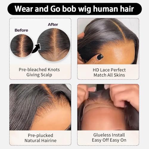 Bob Wig Human Hair Glueless Wigs Human Hair for Women Pre plucked Pre cut 6×5 Lace Front Short Bob Wigs Human Hair (Straight Natural Black-10 inch) - Image 3