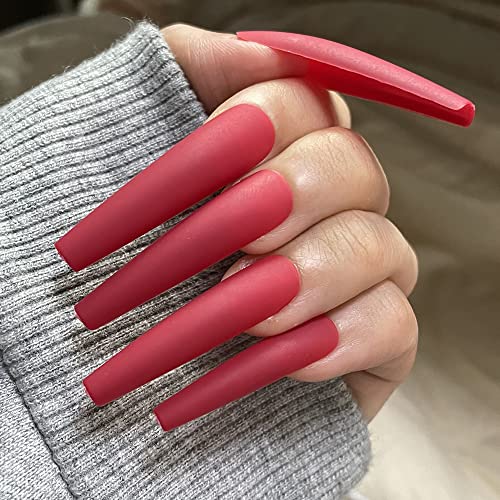 AddFavor XXL Extra Long Press on Nails Coffin Matte Fake Nails Full Cover Acrylic False Nails 12 Sizes 120pcs Red Nail Tips for Women Fingernails Manicure Design - Image 2