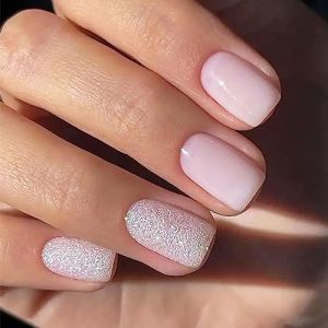 24 Pieces Short Square White Glitter Press-On Nails for Full Cover Manicure