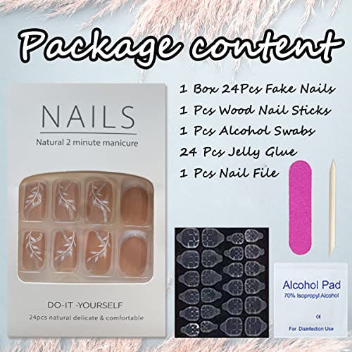 Medium Length Square Press on Nails French Tip Fake Nails with Glitter Flowers Leaves Luxury Design Glue on Nails Full Cover Nail Tips Cute Nude False Nails for Women Spring Nail Decorations 24Pcs - Image 4