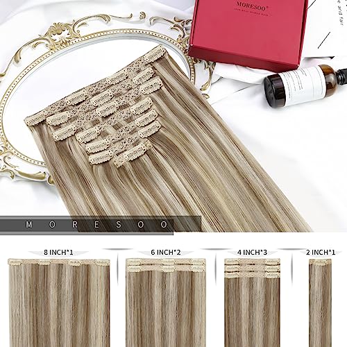 Moresoo Human Hair Clip in Extensions Blonde Highlights Clip in Hair Extensions Real Human Hair Double Weft Clip on Hair Extensions Human Hair Full Head 16inch 7Pieces 120Grams - Image 3