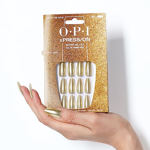 OPI xPress/On Press On Nails, Up to 14 Days of Gel-Like Salon Manicure, Vegan, Sustainable Packaging, With Nail Glue, Long Gold Shimmery Coffin Shape Nails, Break the Gold - Image 7