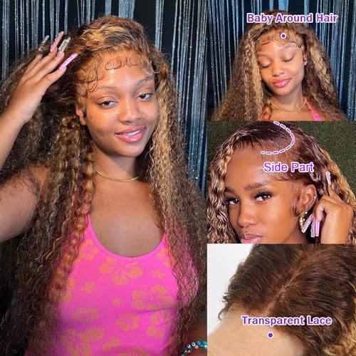 Highlight Lace Front Wig 13x6 Water Wave Lace Front Wigs Human Hair Pre Plucked 180% Density Honey Blonde HD Lace Front Wig For Women Wet And Wavy 4/27 Ombre Curly Lace Frontal Wig 26 Inch - Image 6