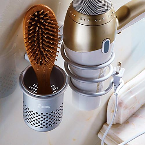 Hair Dryer Holder, Wall Mount Organizer Shelf Rack for Bathroom, Wall Mount with Comb Makeup Brushes Cup,Bathroom Washroom Shower Accessories Storage Organization Aluminum Set - Image 3