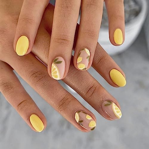 Summer Press on Nails Oval Fake Nails with Lemon Designs Stick on Nails Full Cover Yellow Acrylic Artificial Nails Short Glossy Glue on Nails for Women Girls Holiday Nail Supplies Gift 24pcs