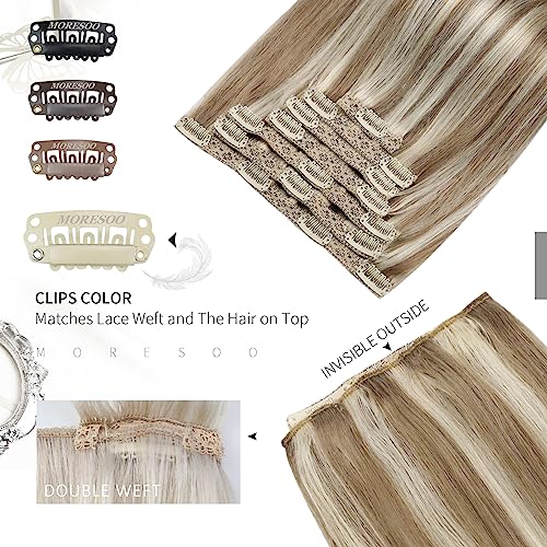 Moresoo Human Hair Clip in Extensions Blonde Highlights Clip in Hair Extensions Real Human Hair Double Weft Clip on Hair Extensions Human Hair Full Head 16inch 7Pieces 120Grams - Image 4