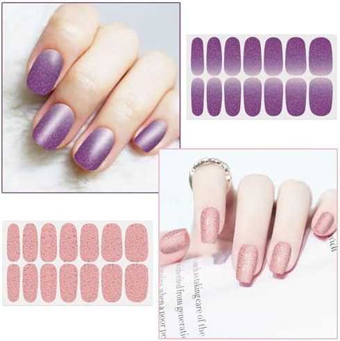 WOKOTO 20 Sheets Solid Pink Full Nail Polish Stickers False Nail Design Stickers Glitter Pink Gradient Nail Stickers Full Nail Wraps For Women Girls Nails Stick On Nail Polish Strips Nail Gel Stickers - Image 4