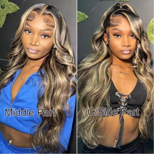 UNICE 16 Inch Body Wave Glueless Lace Front Wig Human Hair Balayage Black Blonde Highlights 150% Density - Image 9