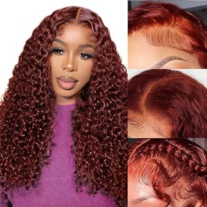 Reddish Brown Lace Front Wigs Human Hair Pre Plucked Auburn Colored Water Wave Wig 13x4 Hd Lace Frontal Wigs 180% Density Auburn Wet Wavy Curly Wig for Black Women 33b Colored Bleached Knots 18 inch