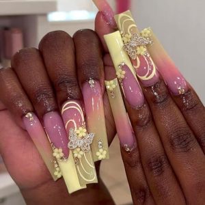 24 Pcs Press on Nails Long Coffin Square - SHANRUN Ombre Yellow French Fake Nails Flower Butterfly Charms Gel-X Nail Tip Full Cover Acrylic Nails Press ons with Nail File Stick Jelly Glue on Nails Kit