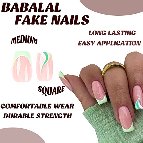 BABALAL Green St Patricks Day Press on Nails Medium Square Fake Nails French Tip Glue on Nails 24Pcs Swirl Acrylic Nails Squoval Nails for Women and Girls - Image 5