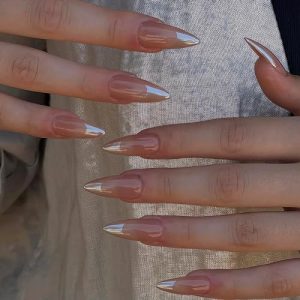MISUD Press on Nails Medium Almond Fake Nails Glossy Glue on Nails Chrome French Tip Acrylic Nails Stiletto Artificial Nails Bling Pearl Flash Aurora Edge Stick on False Nails with Design 24 pcs
